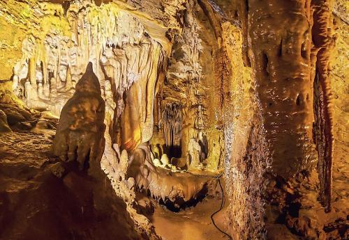 A dimly lit cave interior featuring various stalactites and stalagmites with a warm, golden glow.
