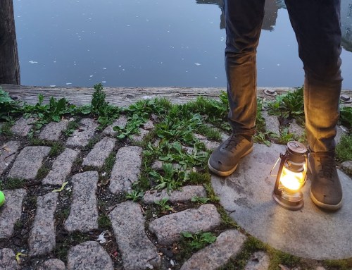 A person stands on a cobblestone path beside a calm waterway, with a lit lantern illuminating the scene.