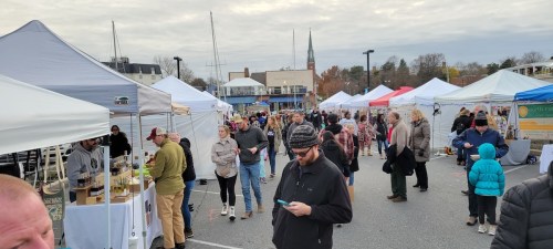 A bustling outdoor market with tents, vendors, and visitors browsing among stalls on a cloudy day.