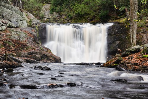 A serene waterfall cascades over rocks, surrounded by lush greenery and autumn leaves, creating a tranquil scene.