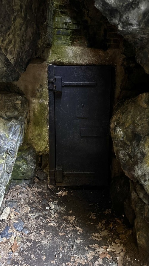 A dark, heavy door set into a rocky cave entrance, surrounded by moss-covered stones and fallen leaves.