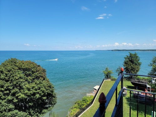 A serene view of a blue lake under a clear sky, with a boat in the distance and lush greenery in the foreground.