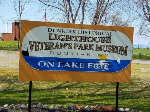 Sign for Dunkirk Historical Lighthouse and Veteran's Park Museum, located on Lake Erie in Dunkirk, NY.