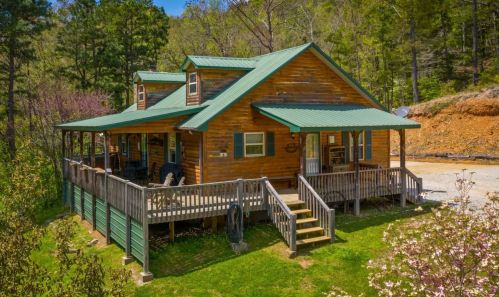 A charming wooden cabin with a green metal roof, surrounded by trees and a grassy area, featuring a spacious porch.