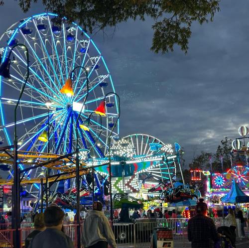 A vibrant carnival scene with illuminated rides and a ferris wheel under a cloudy sky, with people enjoying the festivities.