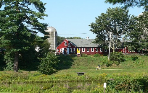 A red barn-style building near a pond, surrounded by trees and a cyclist on a path in a rural landscape.