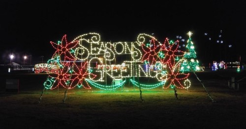 Colorful holiday lights display featuring "Season's Greetings" with flowers and a decorated Christmas tree in the background.