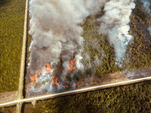 Aerial view of a forest fire with thick smoke and flames along a road, surrounded by dense greenery.