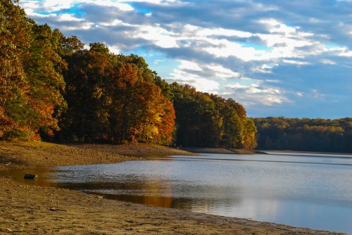 A serene lakeside view with colorful autumn trees reflecting on calm water under a partly cloudy sky.