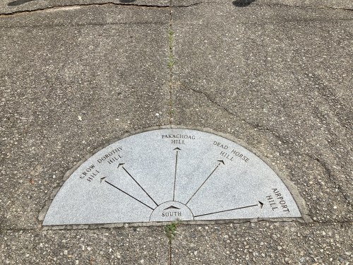 A stone marker on pavement indicating directions to various hills, labeled with names and pointing south.