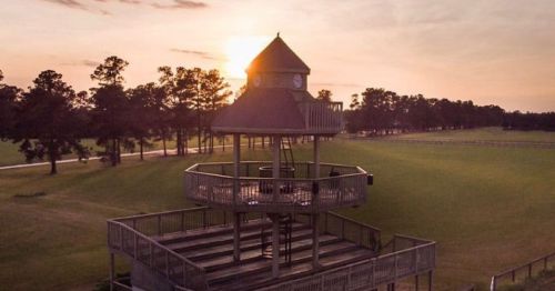 A wooden observation tower at sunset, surrounded by green fields and trees.