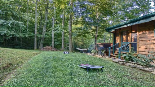 A cozy cabin nestled in a green forest, with a hammock and lawn chairs in a serene outdoor setting.