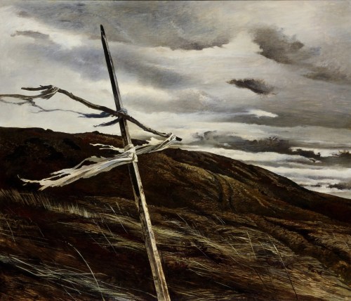 A weathered wooden post with tattered fabric stands against a dramatic sky and rolling hills.