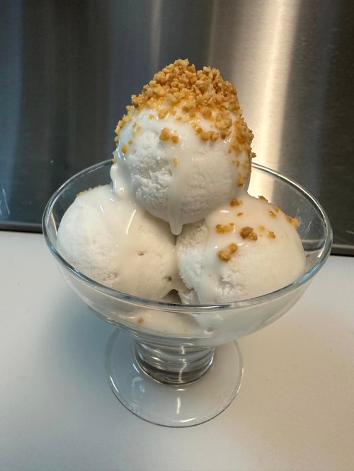 A glass bowl filled with three scoops of white ice cream, topped with a drizzle of syrup and crushed nuts.