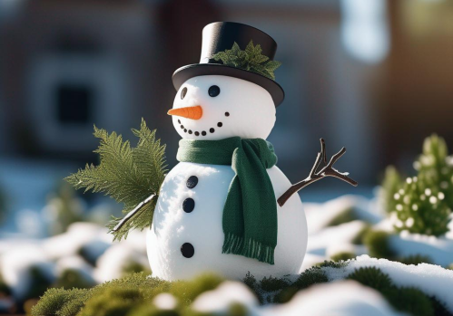 A cheerful snowman with a top hat and scarf stands in a snowy landscape, surrounded by greenery.
