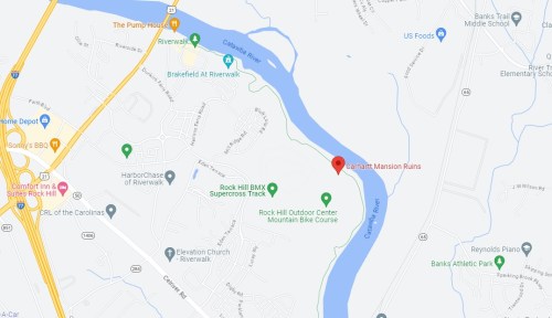Map showing the location of the Catawba Mansion Ruins near the Catawba River in Rock Hill, South Carolina.