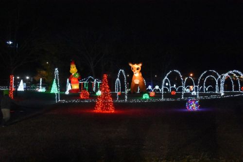 Colorful holiday lights illuminate a park at night, featuring inflatable characters and festive decorations.