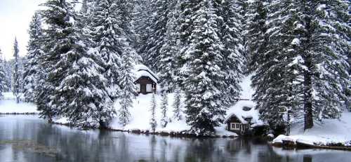 A serene winter scene featuring snow-covered trees and cozy cabins by a calm, reflective lake.