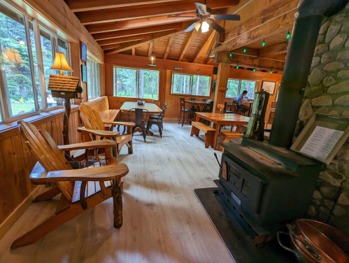 Cozy cabin interior with wooden furniture, a stone fireplace, and large windows overlooking a forested area.