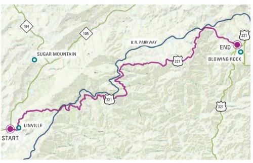 Map showing a route from Linville to Blowing Rock, with key landmarks and highways marked along the way.