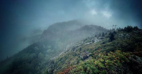 A misty mountain landscape with rocky terrain and trees, shrouded in fog, creating a mysterious atmosphere.