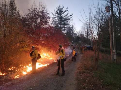 Firefighters battling a wildfire along a dirt road, with flames and smoke visible among trees and brush.
