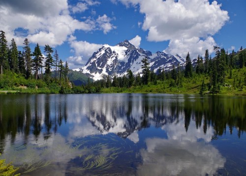 A serene lake reflects a snow-capped mountain and fluffy clouds, surrounded by lush green trees.