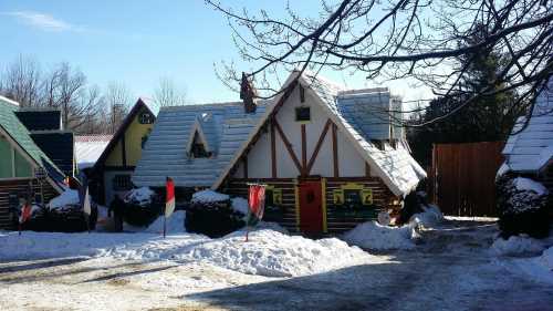 Colorful, snow-covered cottages with sloped roofs and wooden accents, surrounded by a winter landscape.