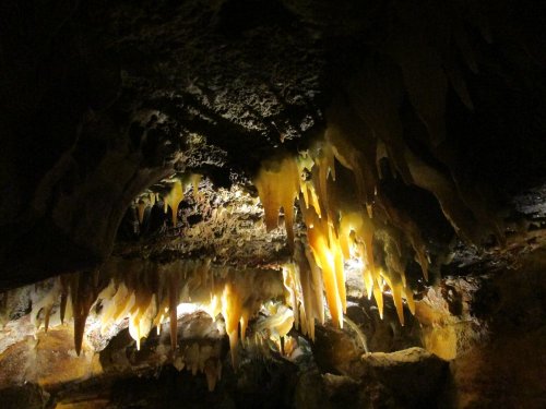 Stalactites hang from a dark cave ceiling, illuminated by soft light, creating a mystical underground atmosphere.