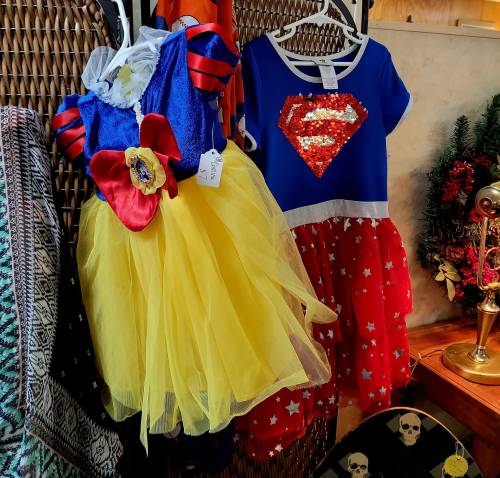 Two children's costumes hanging on a rack: a Snow White dress and a Supergirl outfit, both colorful and sparkly.