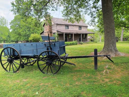 A blue wooden cart beside a large tree, with a rustic house in the background and green grass surrounding the scene.