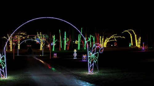 Colorful holiday lights illuminate a dark pathway, with decorated trees and festive figures lining the route.
