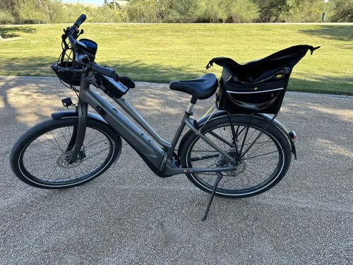 A gray electric bike parked on a gravel path, featuring a black rear bag and surrounded by green grass and trees.