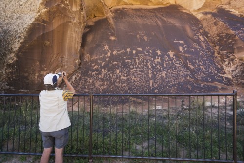 A person photographs ancient petroglyphs on a rock face, surrounded by a metal fence in a natural setting.