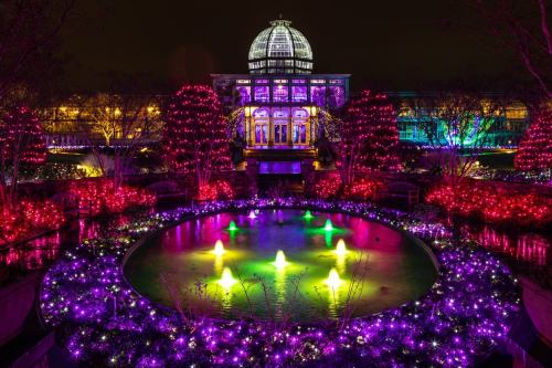 A beautifully lit garden at night, featuring colorful lights, a pond with fountains, and a grand glass conservatory.