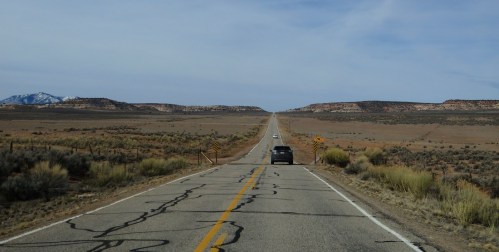 A long, empty road stretches into the distance, flanked by sparse vegetation and mountains under a clear sky.