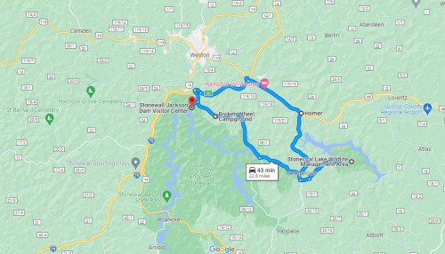 Map showing a route from Stonewall Jackson Dam Visitor Center to Bolar Mountain Campground, highlighting nearby areas.