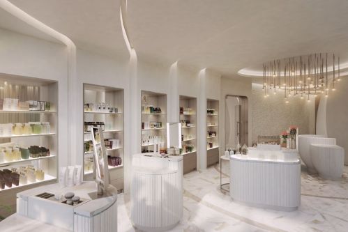 A modern spa interior featuring sleek shelves of beauty products, elegant lighting, and a minimalist design.
