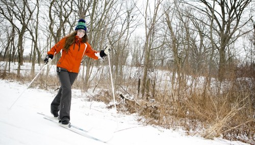 A woman in an orange jacket and blue hat skis on a snowy trail surrounded by bare trees and winter scenery.