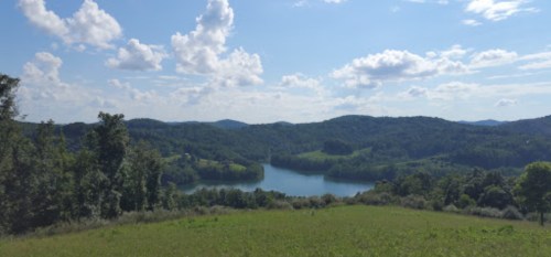 A scenic view of a lake surrounded by green hills and trees under a blue sky with fluffy clouds.