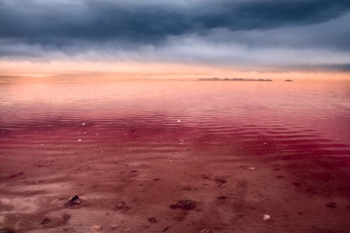 A serene landscape of a pink-hued lake under a cloudy sky, with gentle ripples reflecting the colors of sunset.