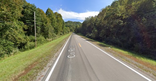 A scenic view of a rural road lined with trees and greenery under a clear blue sky.