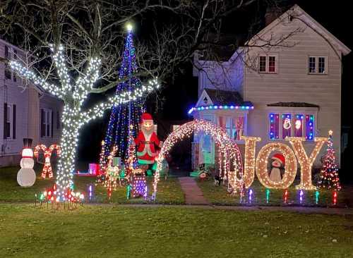 A festive yard display with colorful lights, a Santa figure, a tree, snowmen, and a large "JOY" sign.