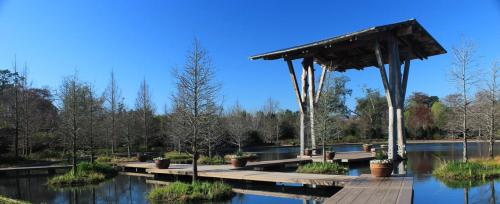 A serene lakeside scene featuring a wooden pavilion and potted plants surrounded by trees under a clear blue sky.