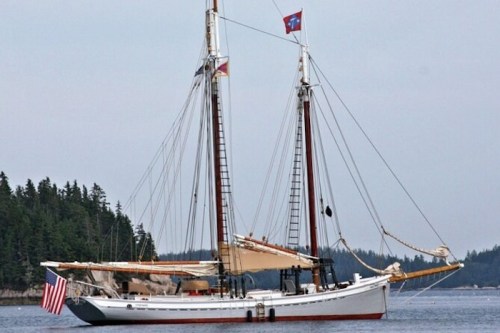 A tall ship with two masts sails in calm waters, surrounded by trees and a cloudy sky.
