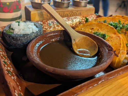 A wooden tray with tortillas, a bowl of sauce, and a stone dish with onions and cilantro, garnished with herbs.