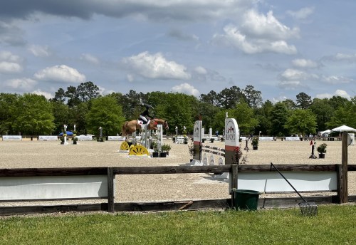 A rider on a horse jumps over a colorful obstacle in an outdoor equestrian arena on a sunny day.