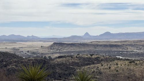 A panoramic view of a desert landscape with distant mountains and a cloudy sky. Green plants in the foreground.