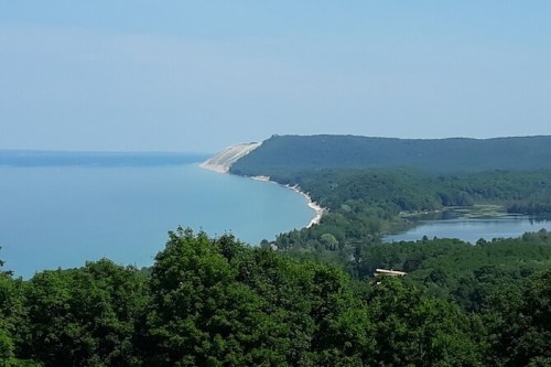 A scenic view of a coastline with lush green trees and a calm blue lake under a clear sky.