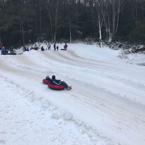 Two people slide down a snowy hill on a red tube, with others enjoying the winter scene in the background.